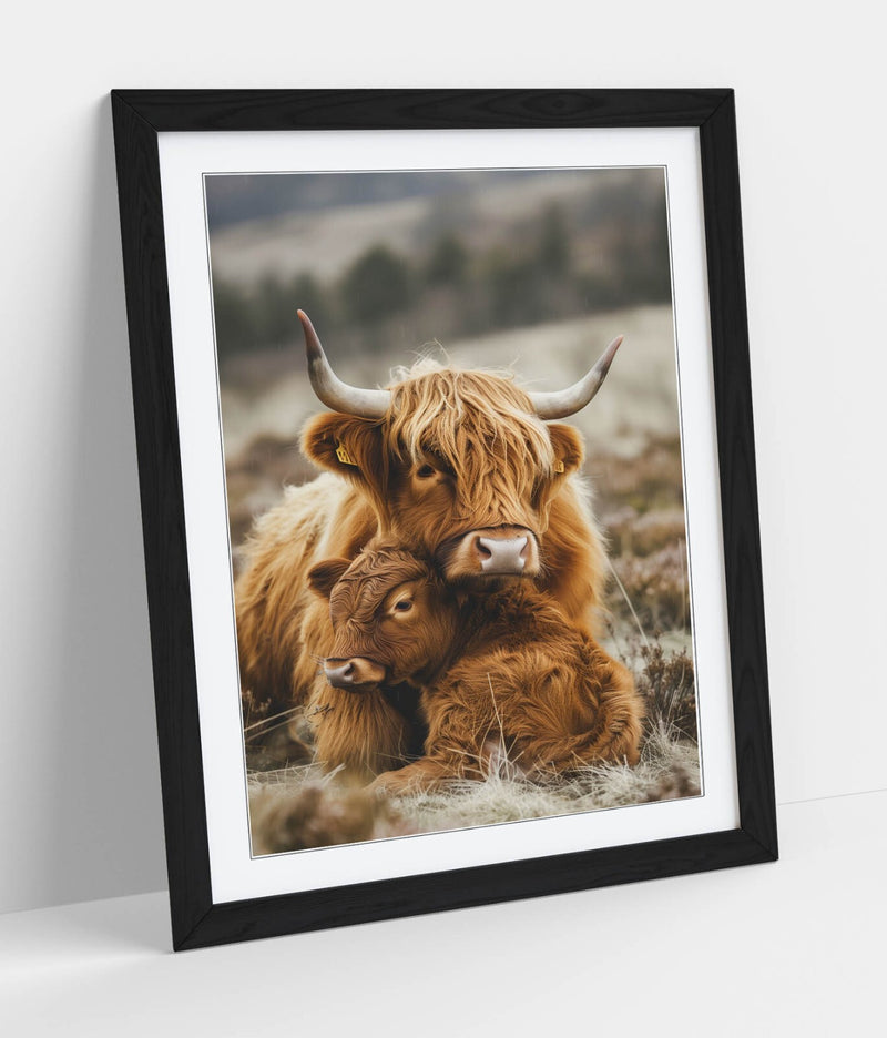 Highland Cow Wall Art – Framed Mother And Calf Animal Poster Print 4 Sizes