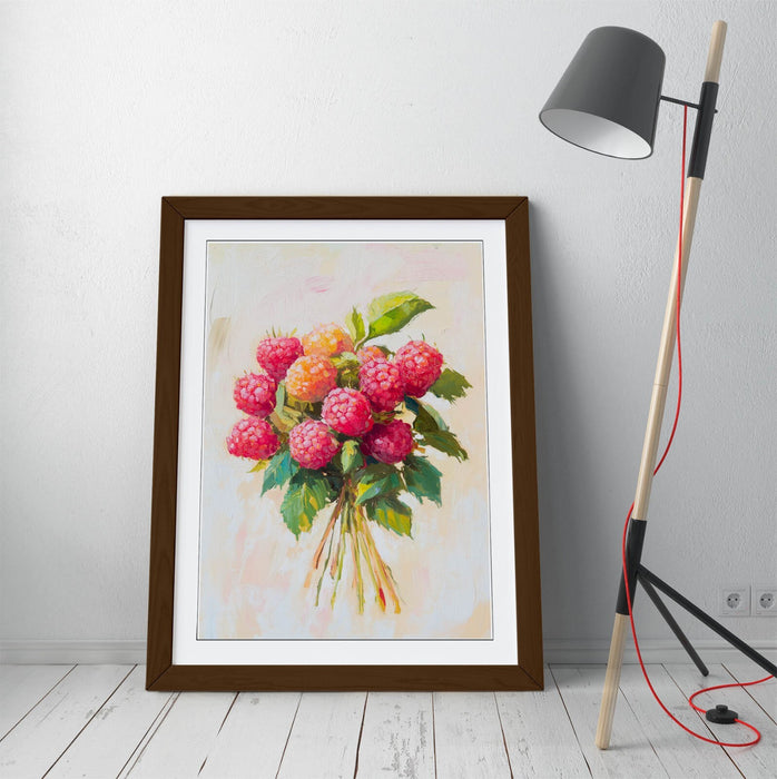 Red Raspberry Wall Art – Framed Poster Print With Woodgrain Frame Finish