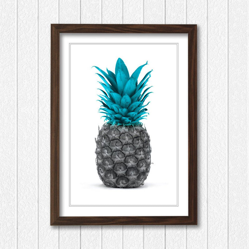 Framed Pineapple Poster – Teal Blue Wall Art With Wood Grain Frame & Good Fortune Decor