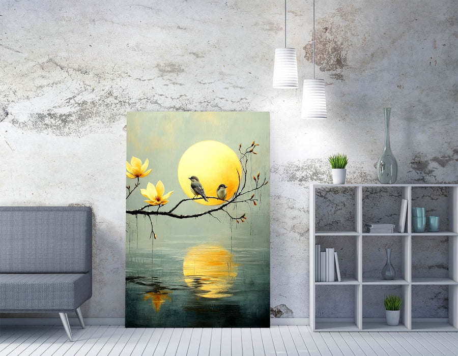 Canvas Wall Art – Pretty Birds Perched on Tree Over Water Landscape Art Print