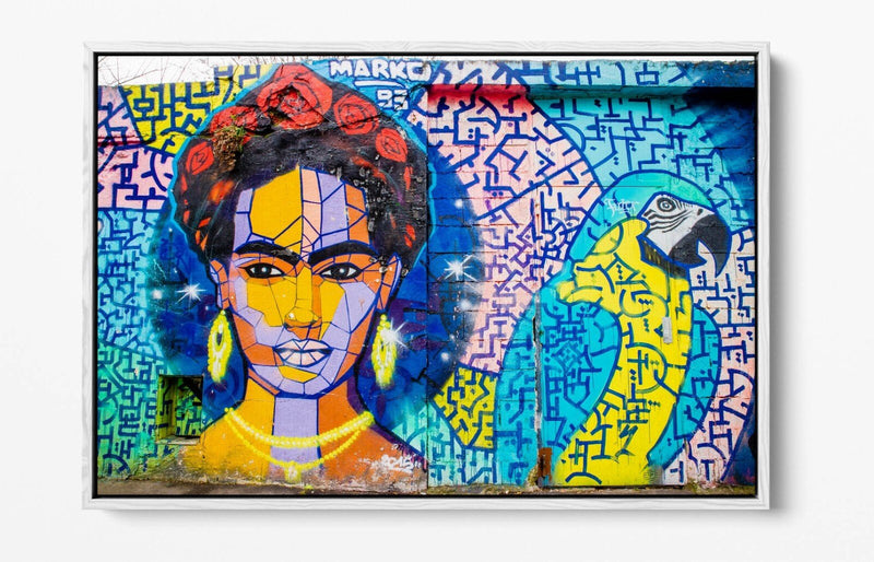 Frida Kahlo Canvas Art - Colorful Parrot Graffiti Decor | Float Effect Wall Print