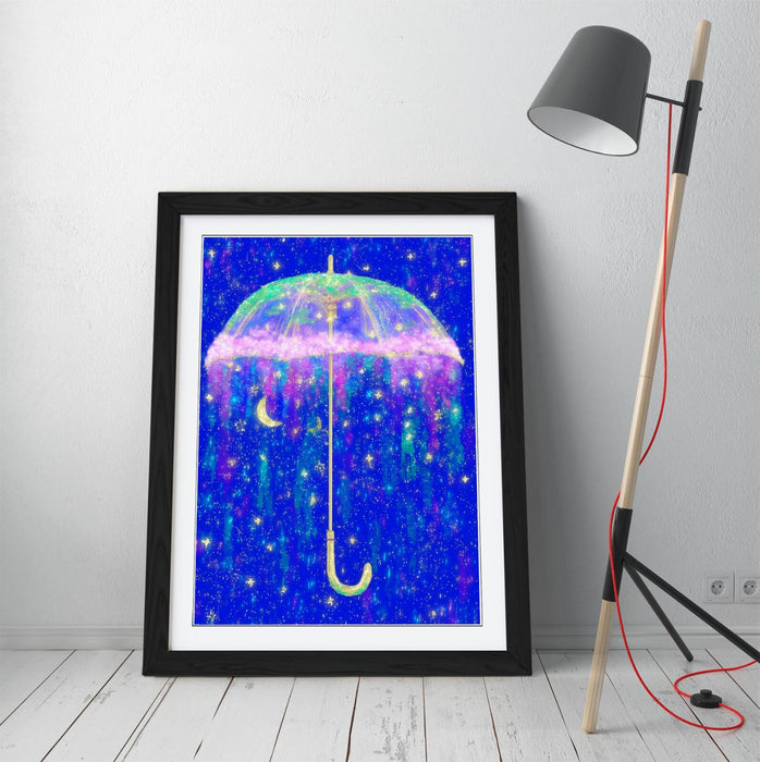 Framed Wall Art - Sparkly Umbrella Poster Print with Starry Sky in Natural Wood Frame