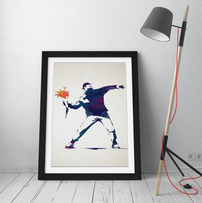 BANKSY, FLOWER BOMBER BLUE WATERCOLOUR STYLE ART -FRAMED WALL ART PICTURE PRINT