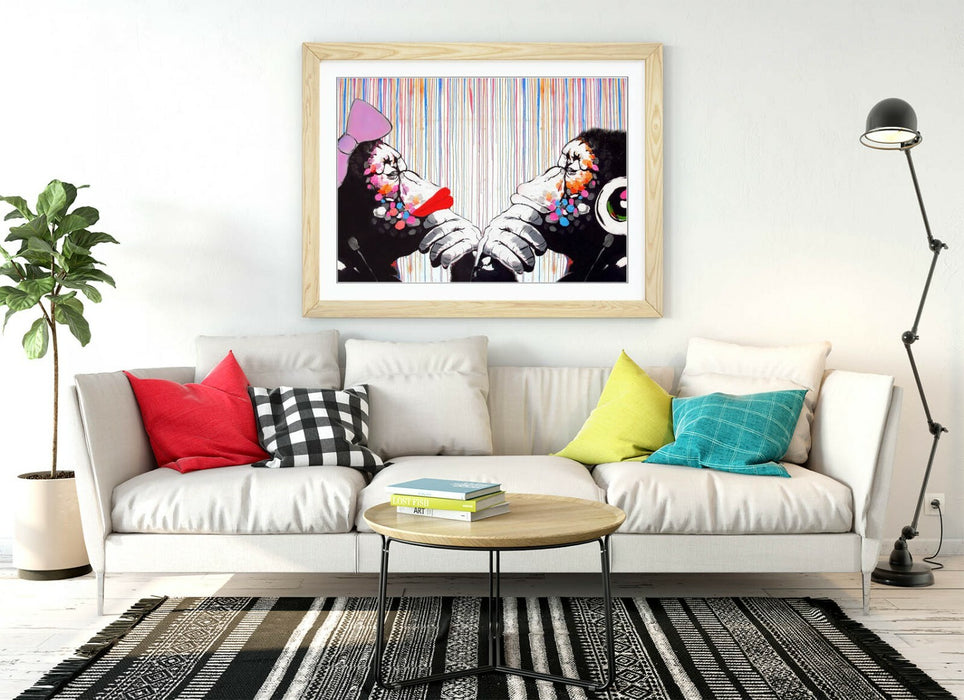 BANKSY DJ MONKEY THINKERS DUO COLOUR RAIN -FRAMED POSTER WALL ART PRINT ARTWORK