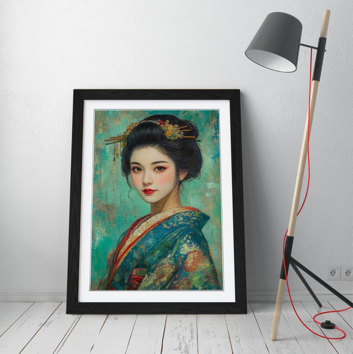 Framed Wall Art - Beautiful Geisha Art Print With Wood Grain Frame, Ready To Hang