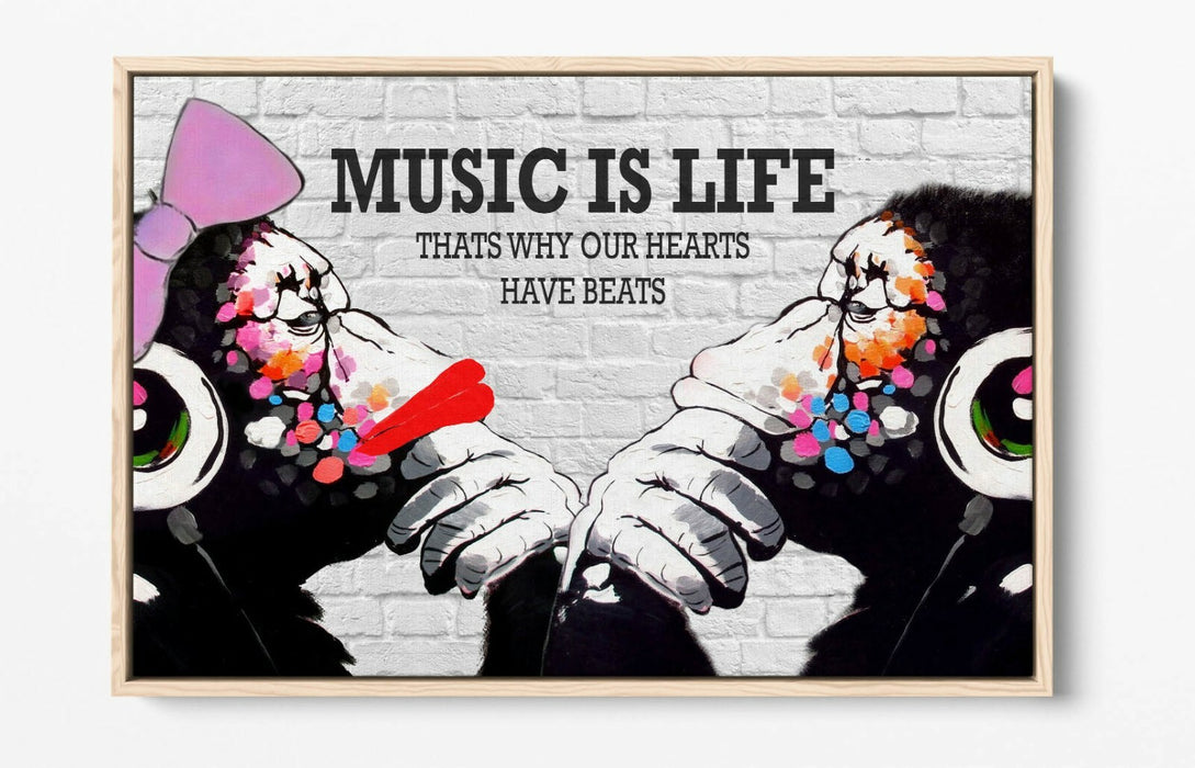 BANKSY DJ MONKEY MUSIC IS LIFE -FLOAT EFFECT CANVAS WALL ART PIC PRINT- PINK RED
