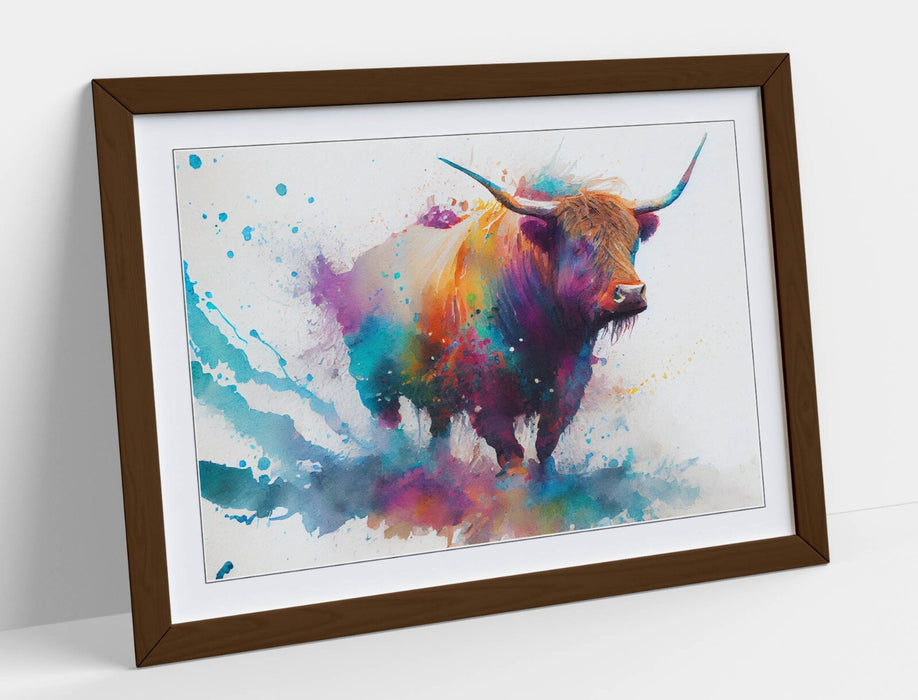 Highland Cow Wall Art – Framed Watercolour Animal Print with MDF Wood Frame