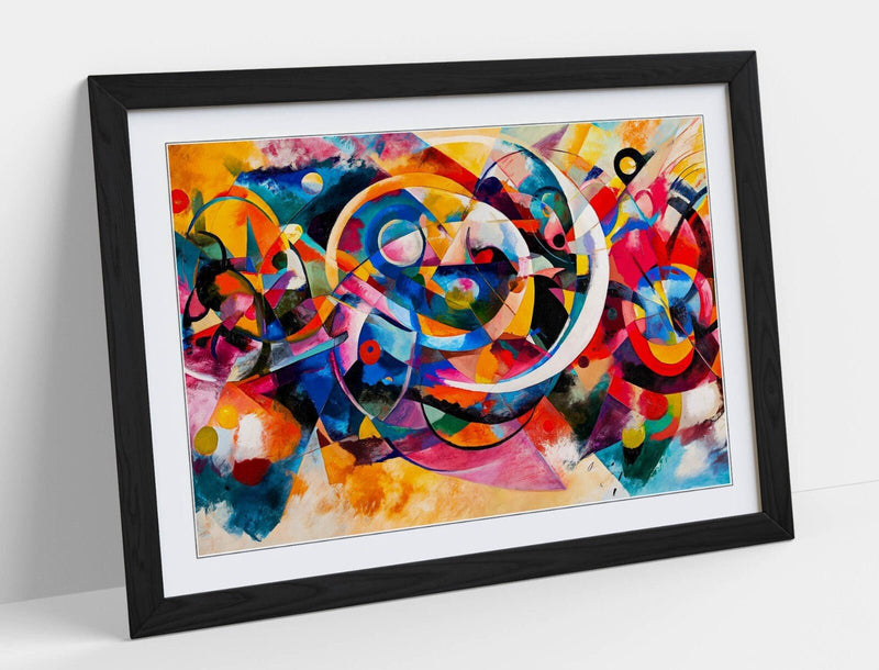 Framed Wall Art Poster – Abstract Multi Colour Kandinsky Style Print with Woodgrain Frame