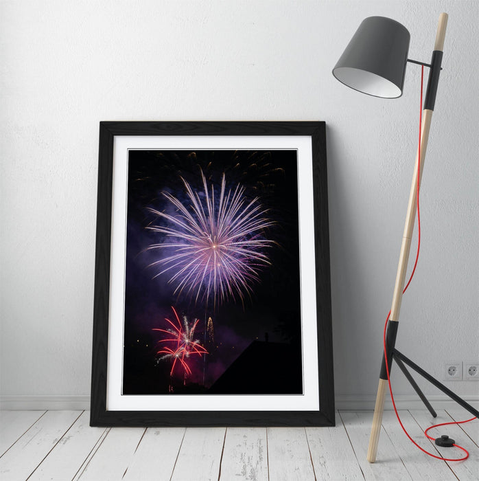 Framed Wall Art – Purple Fireworks Print On Matte Paper Poster | UK Made Frame