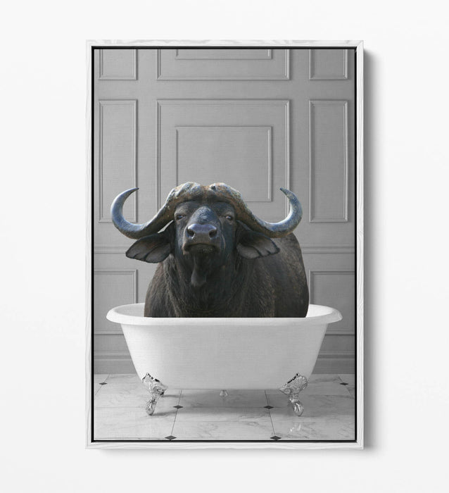WATER BUFFALO IN BATHTUB -QUIRKY BATHROOM FLOAT EFFECT CANVAS WALL ART PRINT