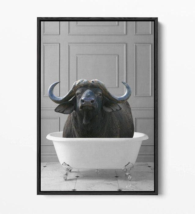 WATER BUFFALO IN BATHTUB -QUIRKY BATHROOM FLOAT EFFECT CANVAS WALL ART PRINT