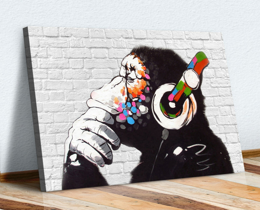 MONKEY DJ BANKSY WHITE BRICK CANVAS STREET WALL ART PRINT ARTWORK -  GORILLA
