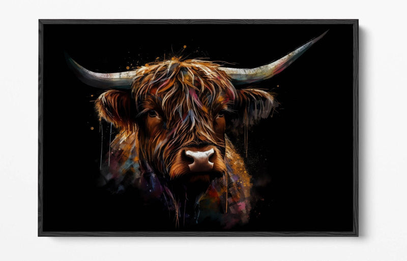 Highland Cow Canvas - Float Effect Canvas Wall Art With Black Background Print