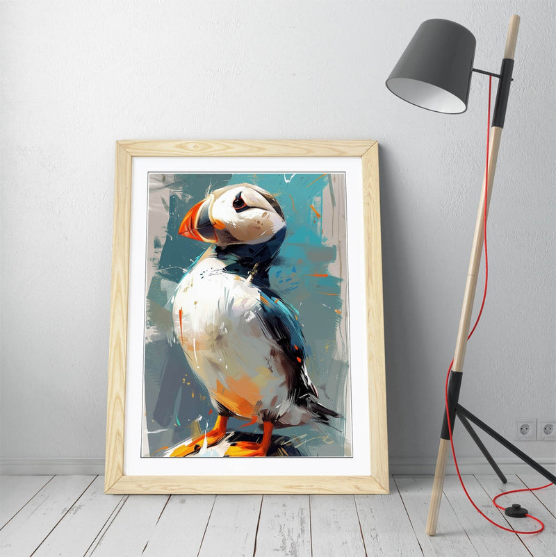 Puffin Wall Art - Framed Bird Poster with Woodgrain Frame for Bedroom Decor