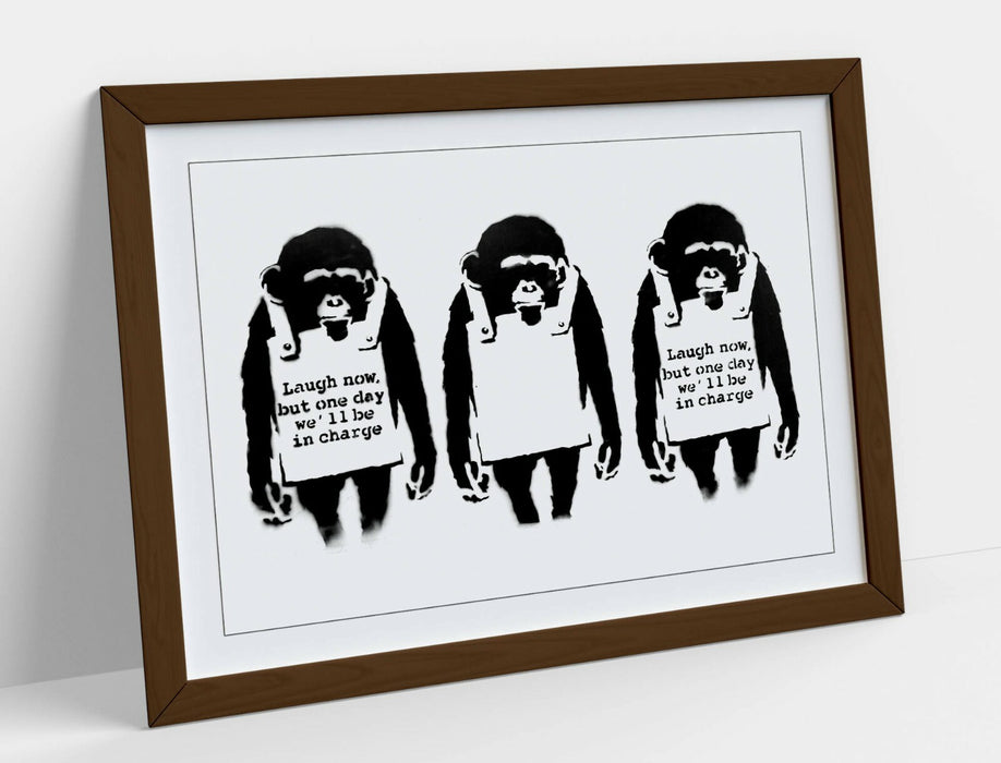 BANKSY LAUGH NOW MONKEYS -FRAMED POSTER WALL ART PRINT ARTWORK- BLACK & WHITE