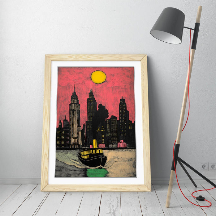 Framed Wall Art Poster – Pink River Steamboat Print With Wood Grain Frame