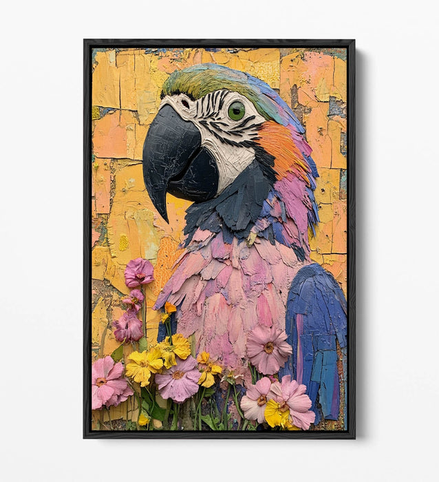 Parrot Canvas Art – Vibrant Bird Wall Decor With Float Effect Canvas & Graffiti Flowers