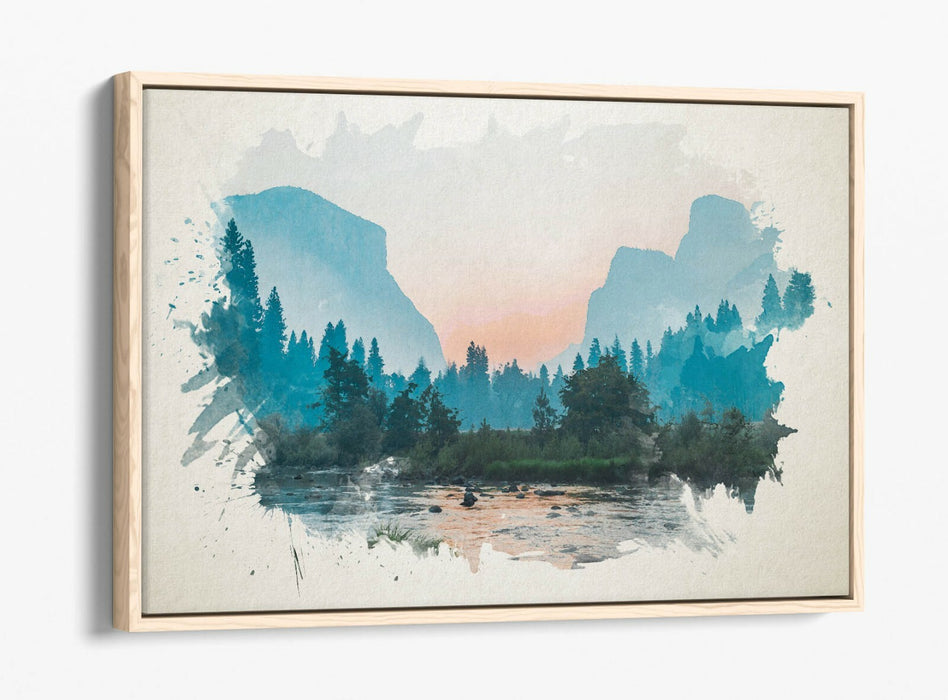 Mountain Landscape Canvas | Watercolour Art Print - Float Effect Frame, Ready To Hang