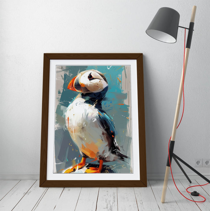 Puffin Wall Art - Framed Bird Poster with Woodgrain Frame for Bedroom Decor