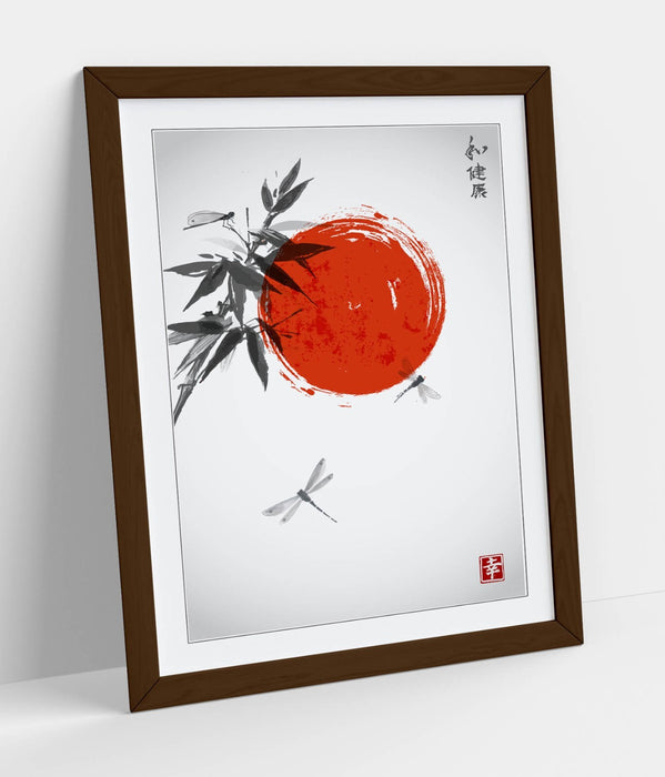 Japanese Style Wall Art - Bamboo Dragonflies Framed Poster Print | Handmade Matte Paper