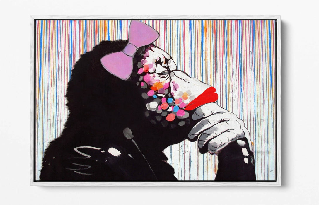 BANKSY DJ MONKEY RAIN FEMALE -FLOAT EFFECT CANVAS WALL ART PIC PRINT- WHITE