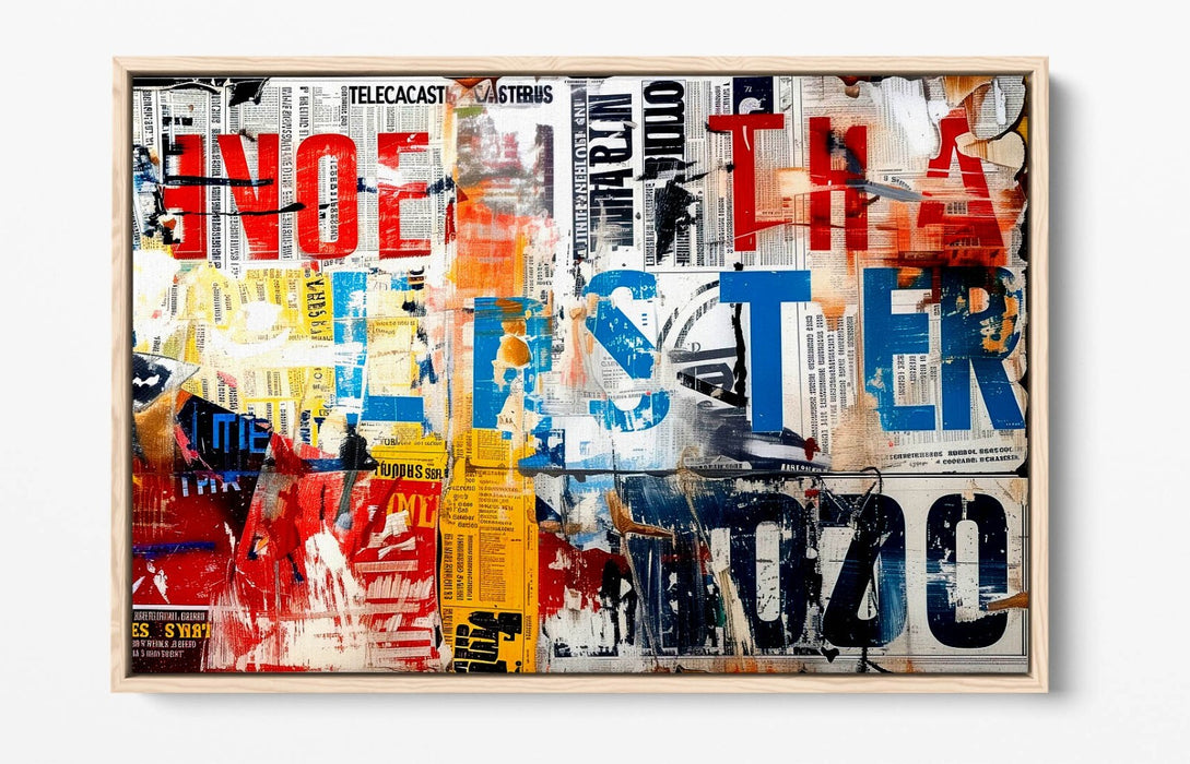 Float Effect Canvas Art – Abstract Newspaper Collage Graffiti Print on 30mm Deep Frame