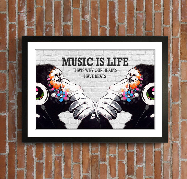MONKEY DJ BANKSY STYLE MUSIC IS LIFE STREET FRAMED ART PRINT ARTWORK 4 SIZES MM