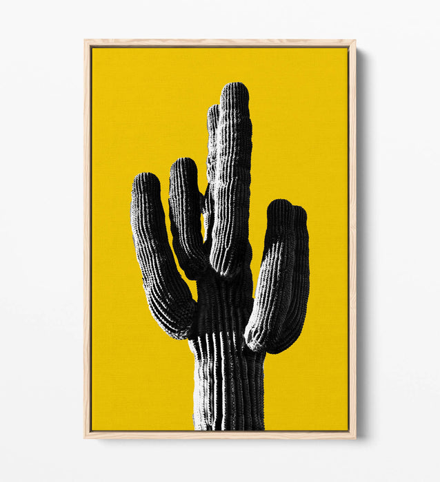 TRENDY B&W CACTUS POP ART YELLOW -FLOAT EFFECT CANVAS WALL ART PRINT
