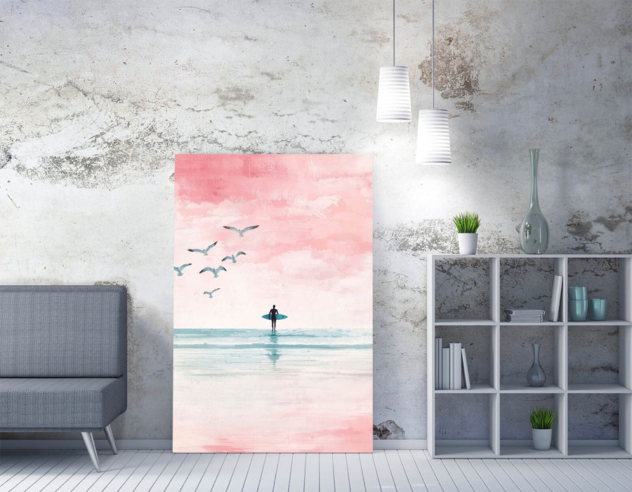 Canvas Wall Art – Minimalist Surfer On Pink Beach | Handmade UK Print