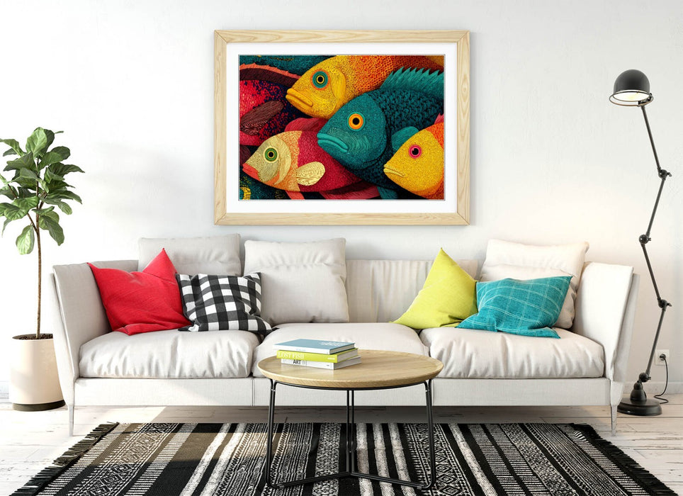 Framed Wall Art – Multi Color School Of Fish Print With Woodgrain Frame