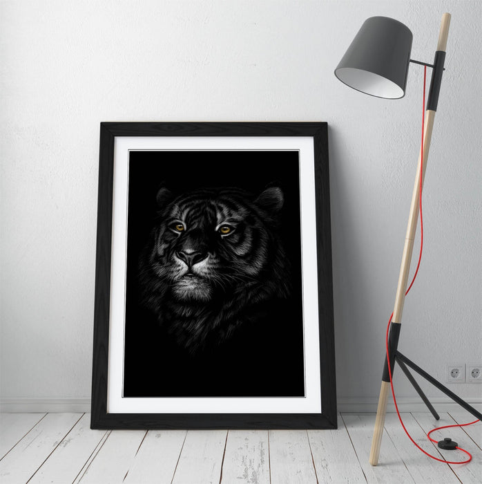 Tiger Head Wall Art – Handmade Framed Art Poster with Woodgrain Frame Design