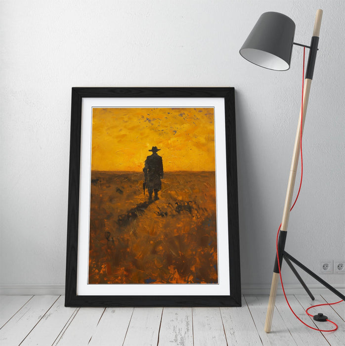 Framed Wall Art - Wandering Cowboy Sunset Landscape Print | Rustic Woodgrain Frame