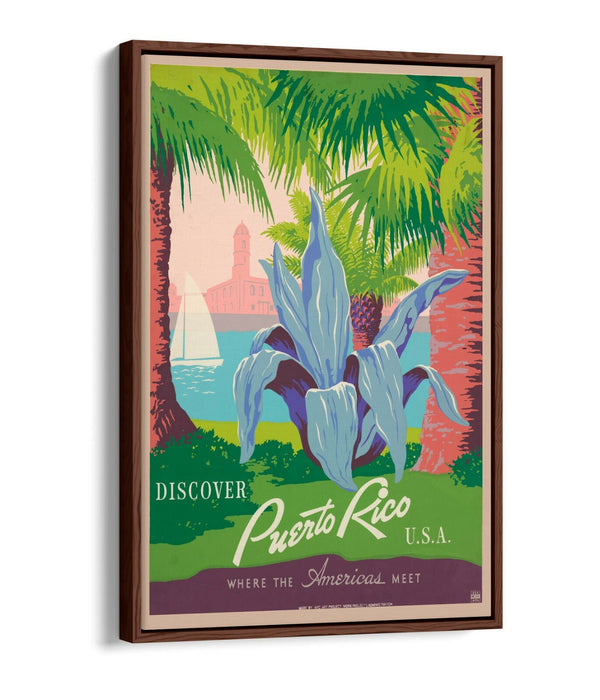 RETRO PUERTO RICO TRAVEL POSTER -FLOAT EFFECT CANVAS ART PRINT- BLUE PINK