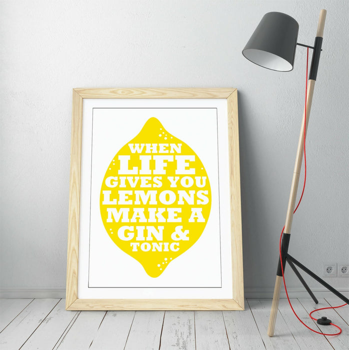 "LIFE LEMONS GIN & TONIC" FUNNY QUOTE KITCHEN -FRAMED WALL ART PICTURE PRINT