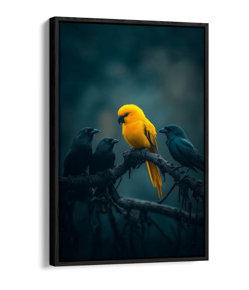 Canvas Wall Art – Yellow Bird With Black Crows | Float Effect, Ready To Hang