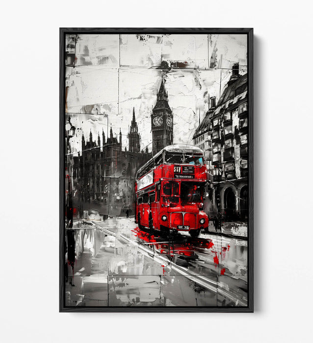 Canvas Wall Art - Black White Cityscape With Red Bus | Float Effect, Handmade UK
