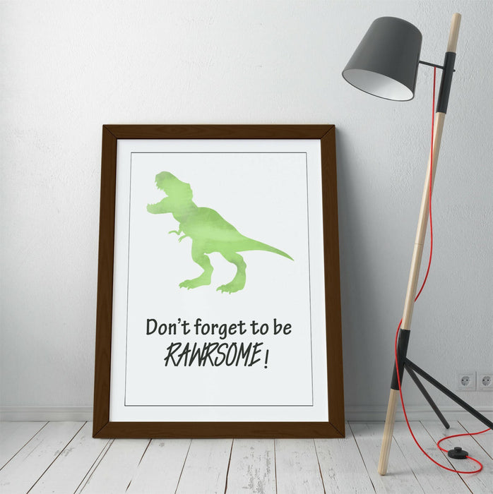 "RAWRSOME" DINOSAUR WATERCOLOR KIDS NURSERY QUOTE -FRAMED WALL ART PICTURE PRINT