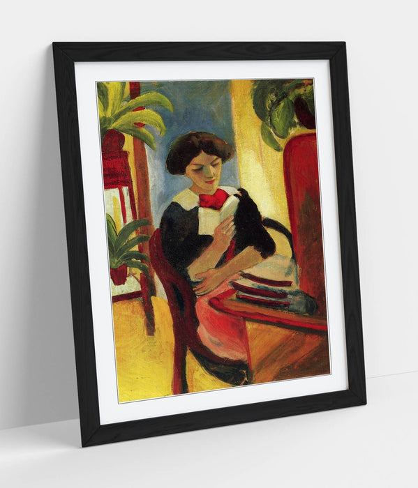 Framed Wall Art - August Macke Elisabeth Reading Poster Print, Woodgrain Frame, Ready to Hang