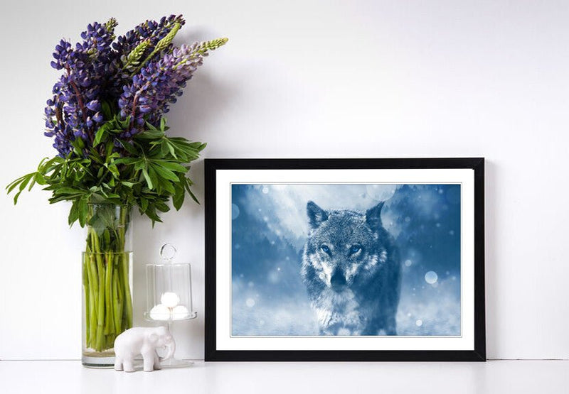 Canvas Wall Art - Lone Wolf Blue Loyalty Framed Canvas Print With Woodgrain Frame