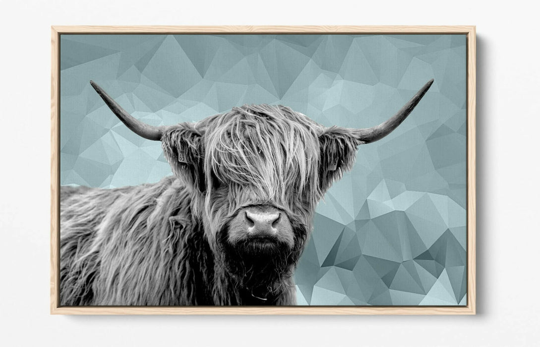 HIGHLAND COW DUCK EGG BLUE GEOMETRIC -FLOAT EFFECT CANVAS WALL ART PIC PRINT-