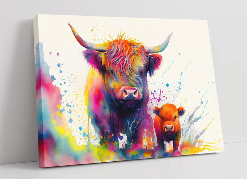 Highland Cows Canvas - Colorful Splash Animal Wall Art Print Ready To Hang