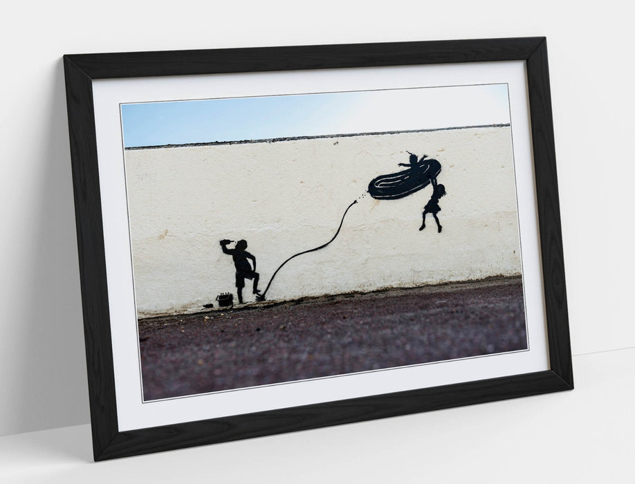 Banksy Dinghy Graffiti Art - Framed Wall Art Poster Print With Woodgrain Frame