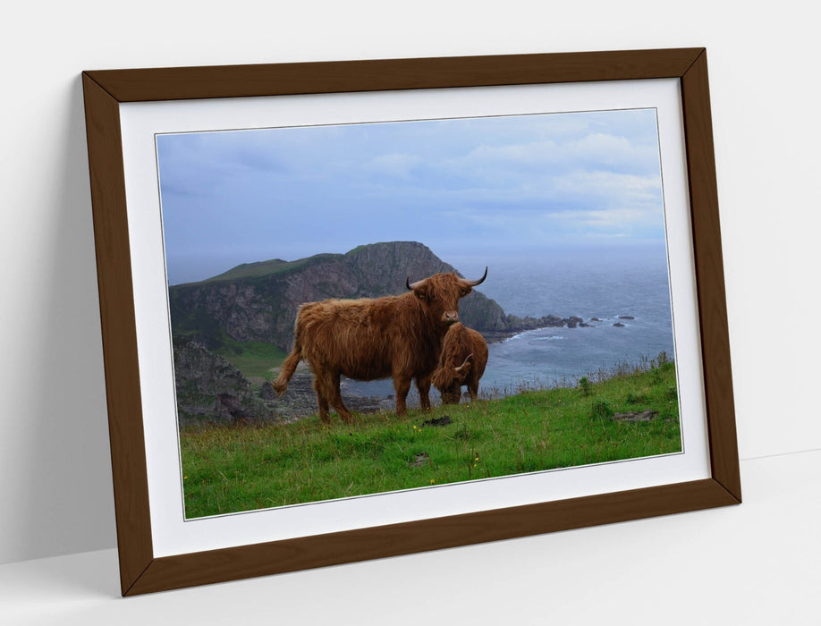 Highland Cows Wall Art – Framed Coastal Landscape Print With Woodgrain Frame