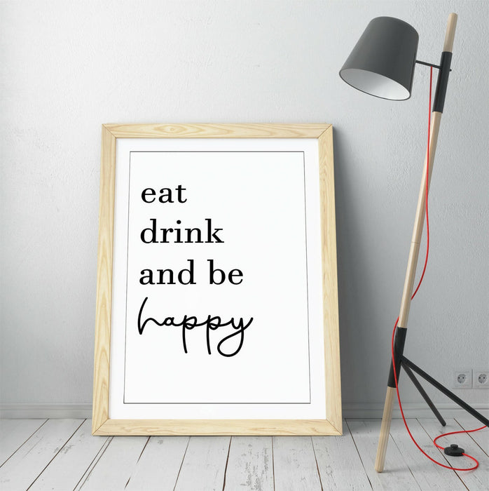 "EAT DRINK AND BE HAPPY" KITCHEN QUOTE SLOGAN -FRAMED WALL ART PICTURE PRINT