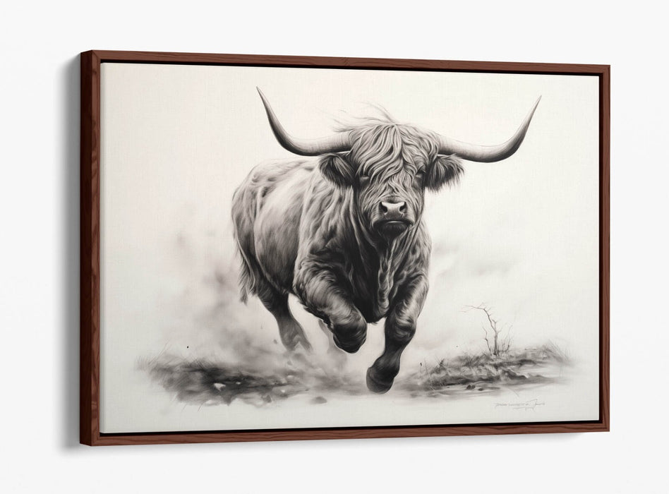 Highland Cow Canvas – Charcoal Sketch Print On Float Effect Canvas Wall Art