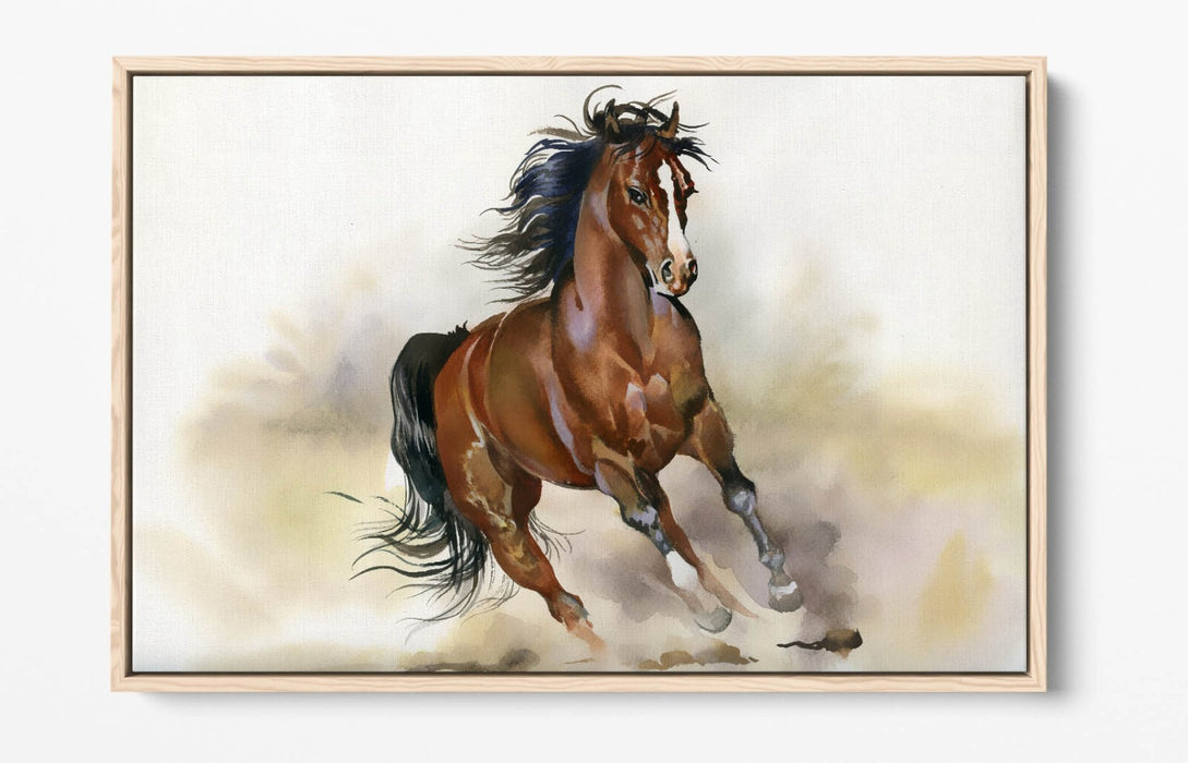 Horse Canvas Art – Majestic Running Brown Horse Watercolour Print on Float Effect Canvas