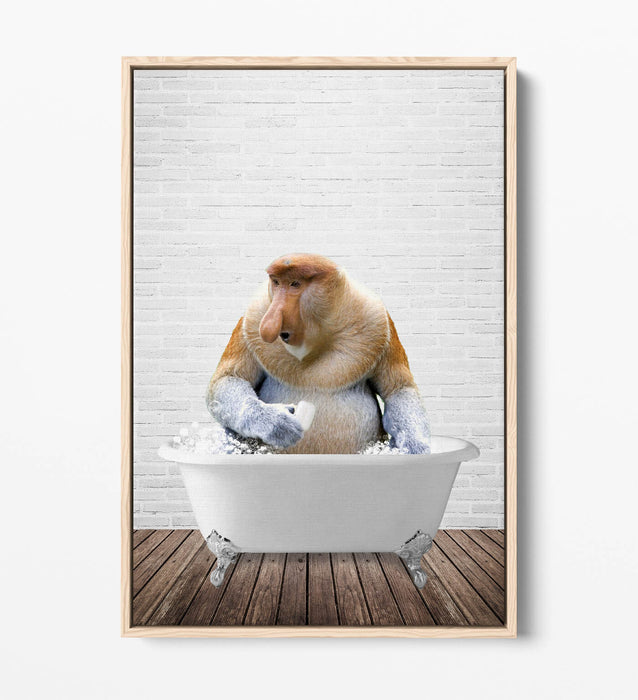 PROBISCUS MONKEY IN BATH -QUIRKY BATHROOM FLOAT EFFECT CANVAS WALL ART PRINT