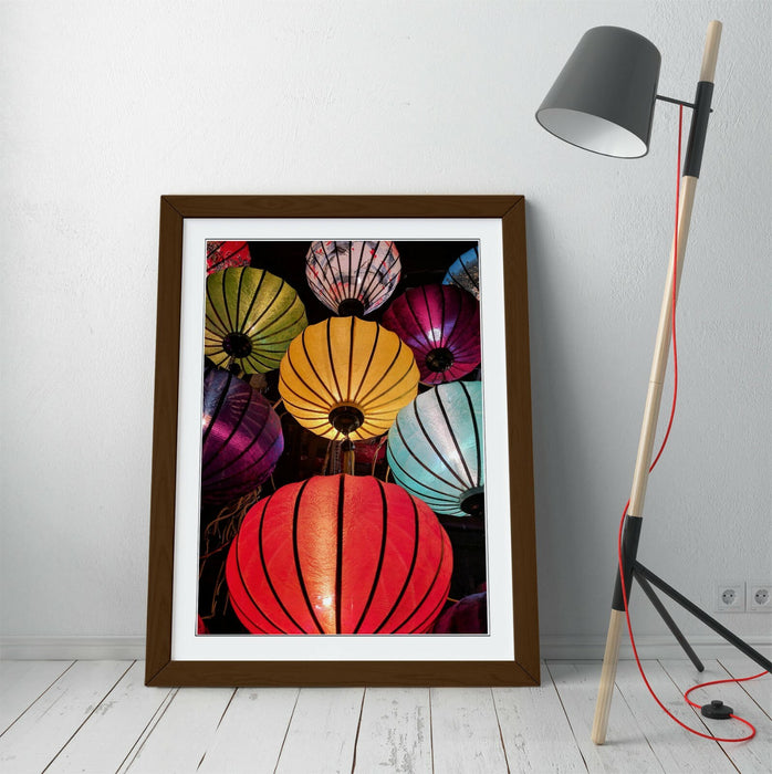 CHINESE LANTERNS -FRAMED POSTER WALL ART PRINT ARTWORK- RED YELLOW BLUE GREEN