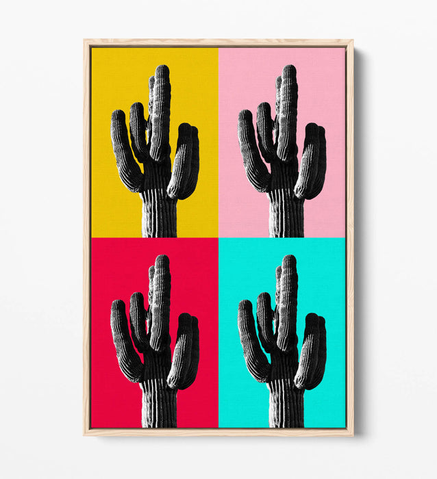 TRENDY B&W CACTUS POP ART MULTI-COLOURED -FLOAT EFFECT CANVAS WALL ART PRINT
