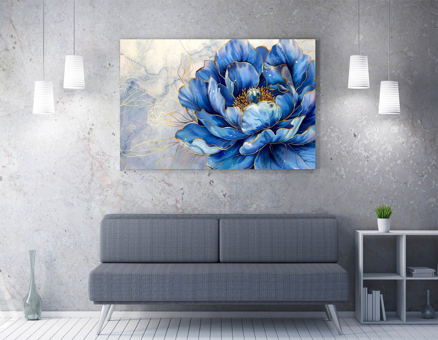 Blue Peony Canvas Art – Handmade Floral Canvas With Glitter Edge Artwork